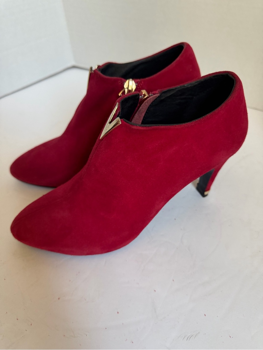Louis Vuitton Red Suede Ankle Booties with Gold V Accent